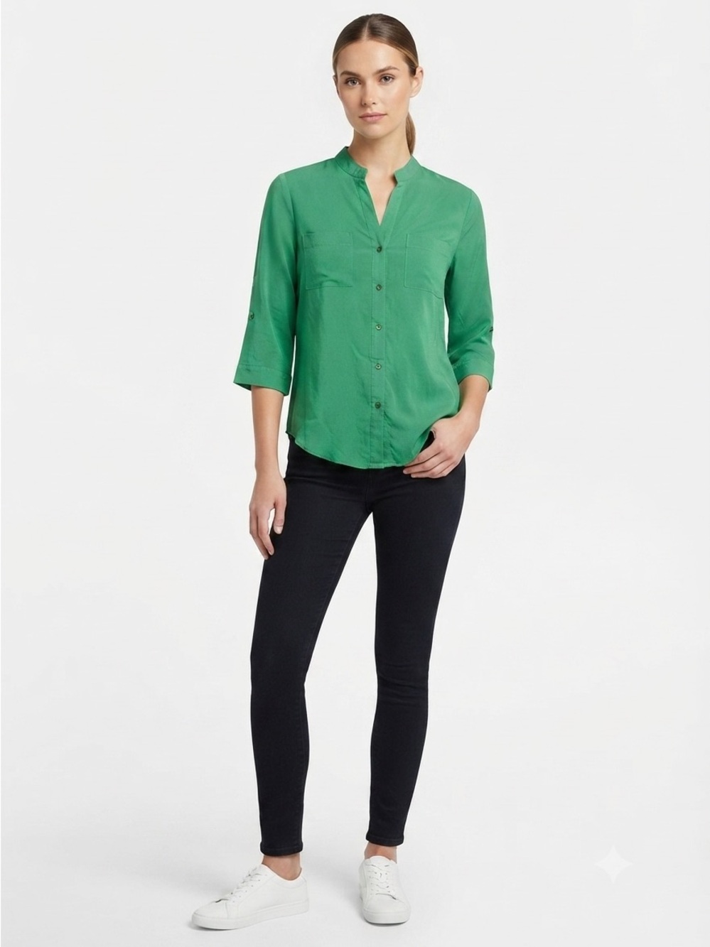 Love Culture Emerald Green Button-Up V-Neck Blouse